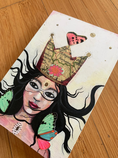Queen of Adventure, small print on wood