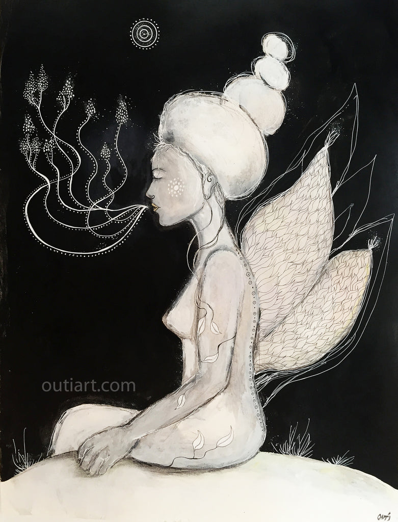 At the Well, print on wood