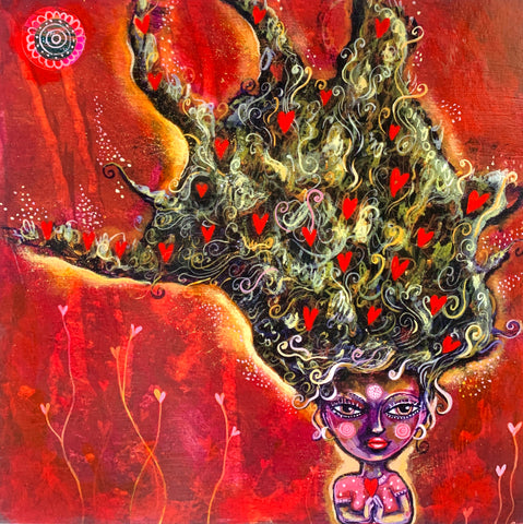 A Good Hair Day,  Collaged Embellished Print on Wood