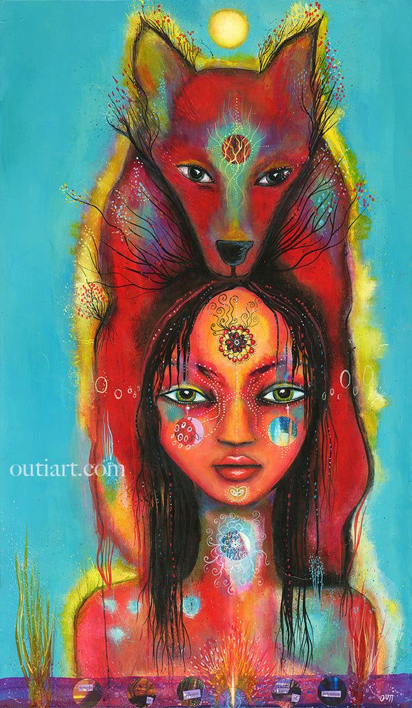 Wolf girl, print on wood