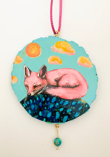 Pink Fox, Original Collage Ornament.
