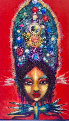 Receiving Wings,  Collaged Embellished Print on Wood